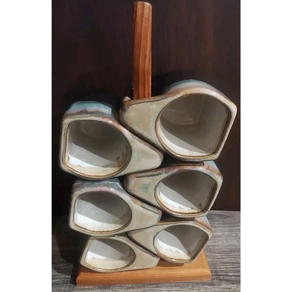 Rodolfo Padilla Mexico 6 Mug Set w/ Wooden Rack Drip Glaze Stoneware Signed
